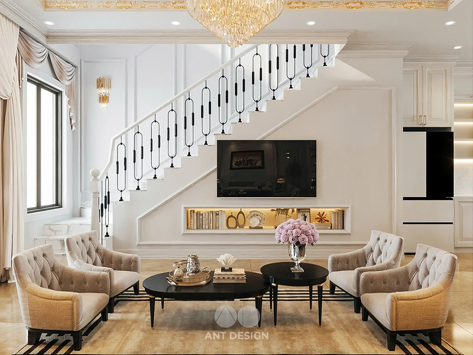 Thiết kế cầu thang và kệ tivi âm tường sang trọng