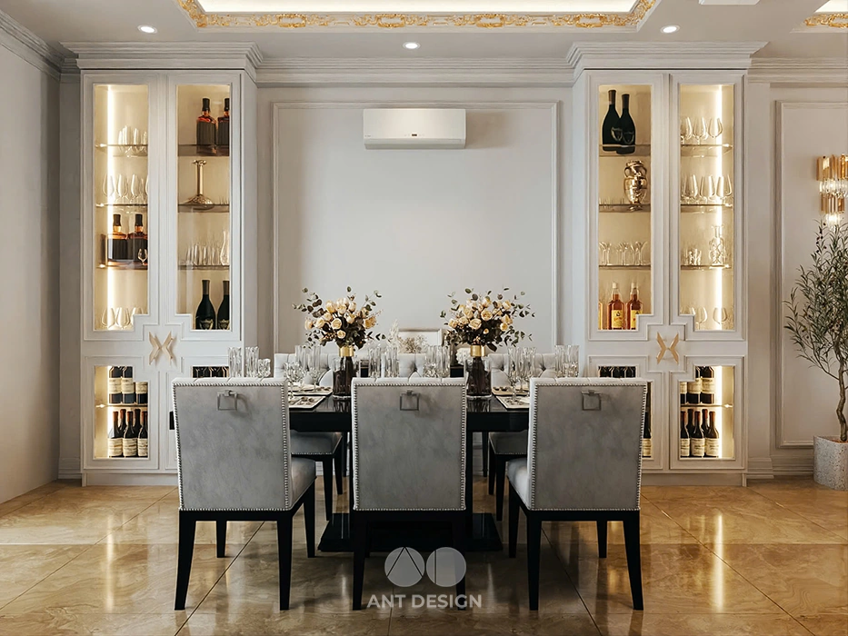Thiết kế phòng ăn và tủ rượu cánh kính cao cấp