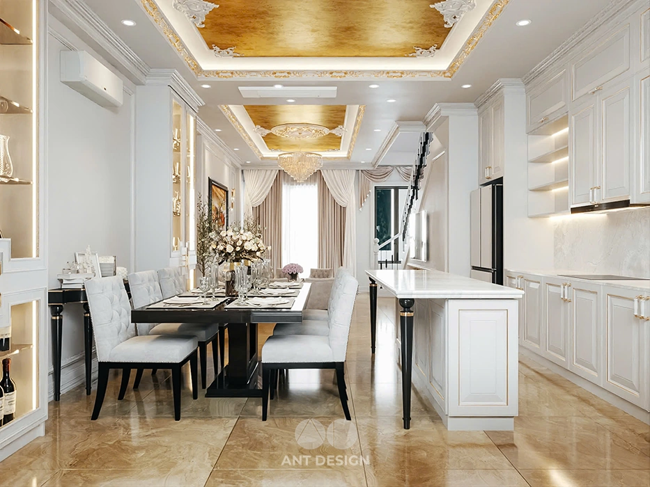 Thiết kế phòng bếp ăn liên thông phòng khách tân cổ điển