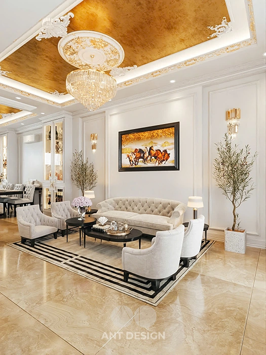 Tổng thể không gian phòng khách gam màu kem thanh lịch