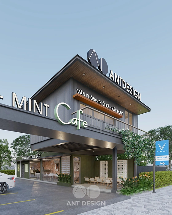 Góc cafe checkin với tường gạch đỏ và kính