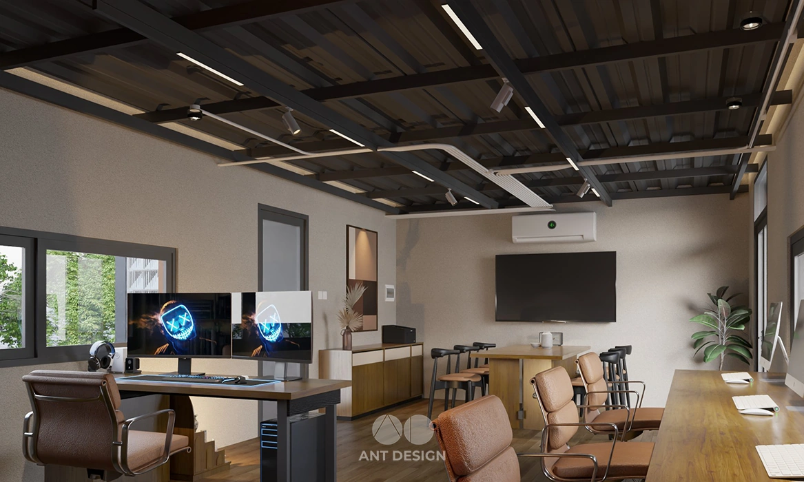 Góc làm việc nhóm với bàn gỗ chân sắt hiện đại