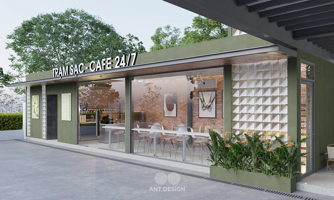 Góc nhìn ngang mint cafe với hệ cửa kính lớn