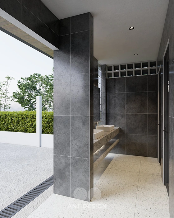 Góc nhìn từ khu vệ sinh ra sân ngoài trời