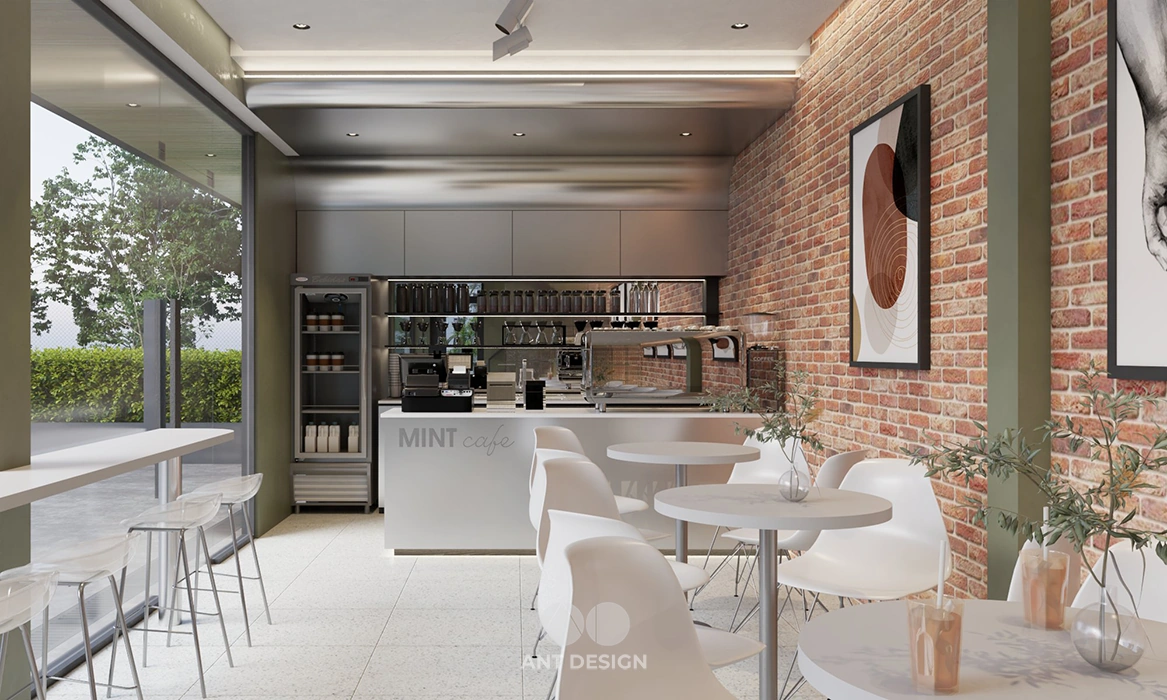 Không gian cafe bàn tròn và ghế eames trắng hiện đại