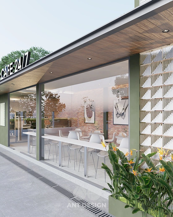 Không gian cafe trong nhà nhìn ra phố