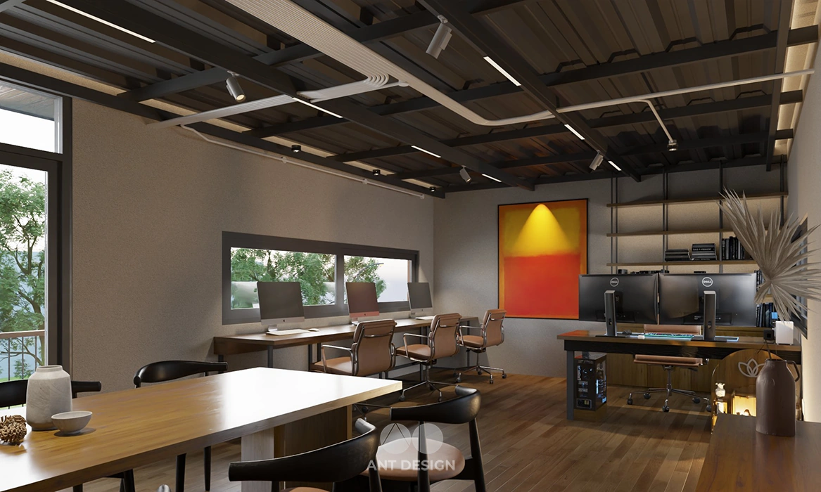 Không gian làm việc open space trần thép lộ