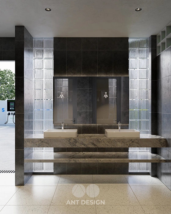 Khu vực lavabo vệ sinh chung ốp gạch terrazzo