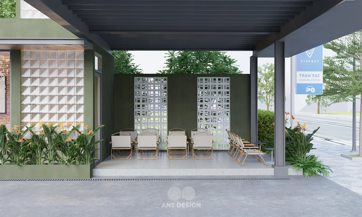 Khu vực sân vườn cafe và chỗ sạc xe vinfast