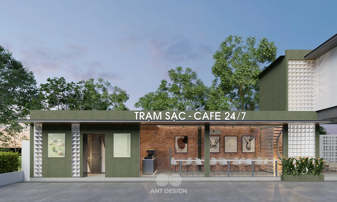 Kiến trúc quán cafe khung thép kết hợp tường gạch mộc