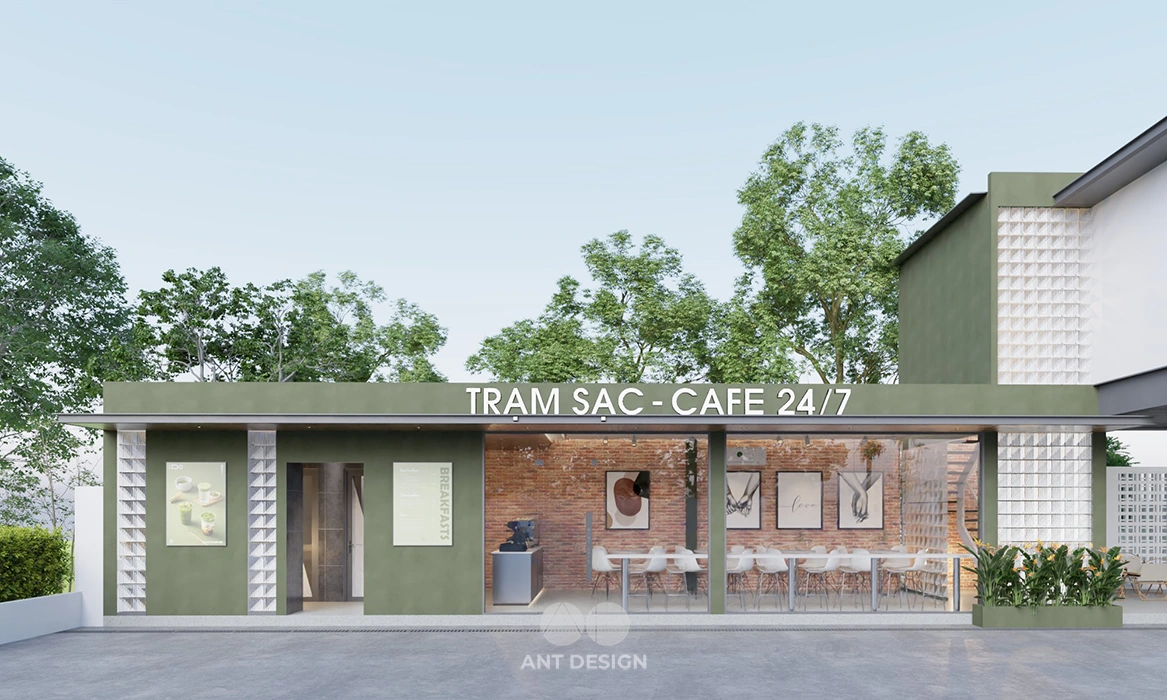 Mặt tiền mint cafe trạm sạc xe điện 24h