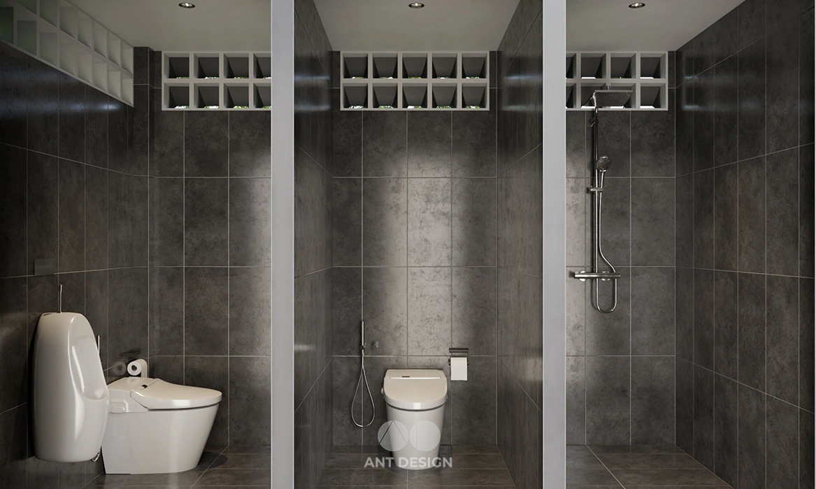 Nội thất phòng vệ sinh nam tông ghi xám tối giản