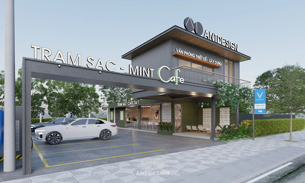 Tổng thể tổ hợp văn phòng và trạm sạc mint cafe