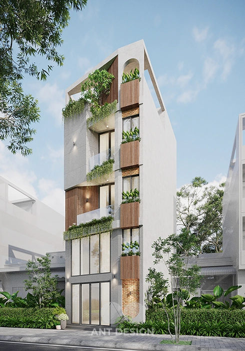 Phối cảnh góc nhà ống kết hợp cây xanh và gỗ tự nhiên