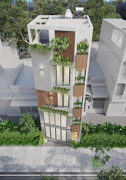 Tổng thể mặt bằng mái và kiến trúc nhà phố từ trên cao