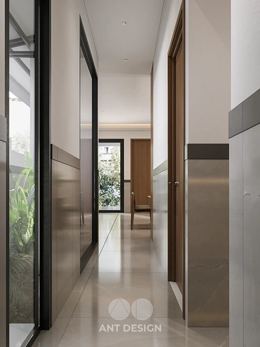 Chi tiết cửa gỗ và vách ốp tường màu ghi xám