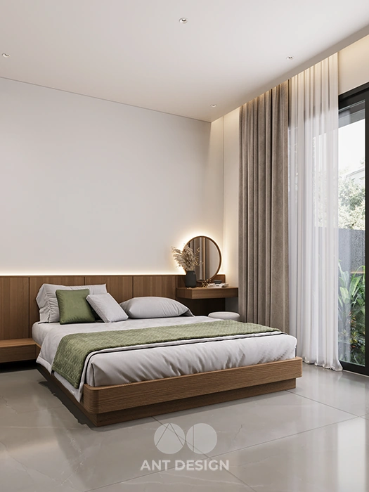 Giường ngủ master phối màu xanh rêu hiện đại ấm cúng