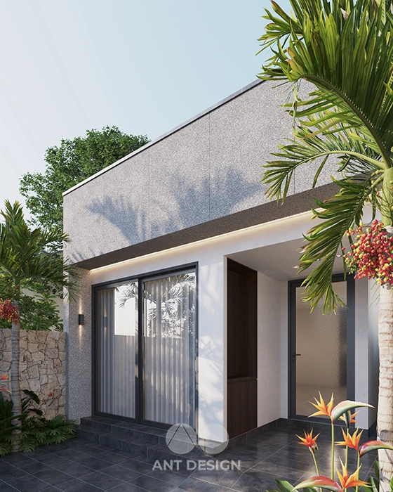 Góc nhìn nghiêng sân vườn và hiên nhà