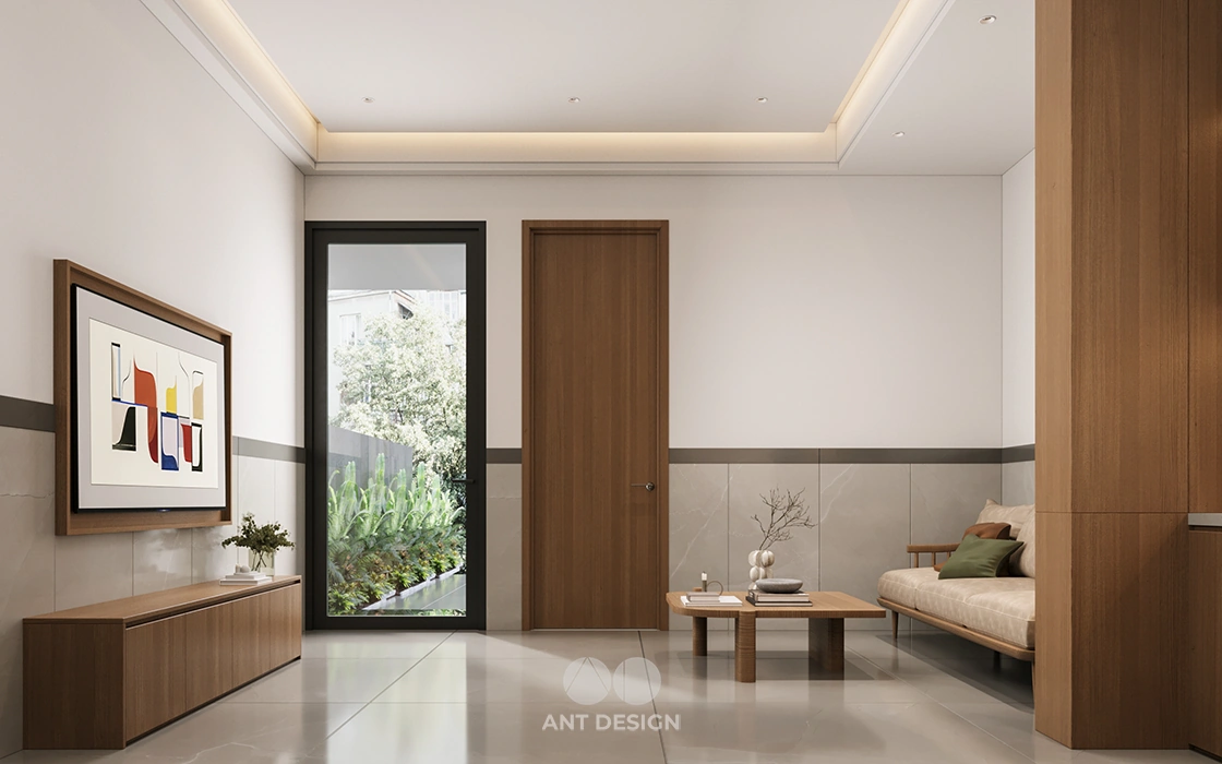 Góc sofa màu kem và tủ kệ tivi tối giản