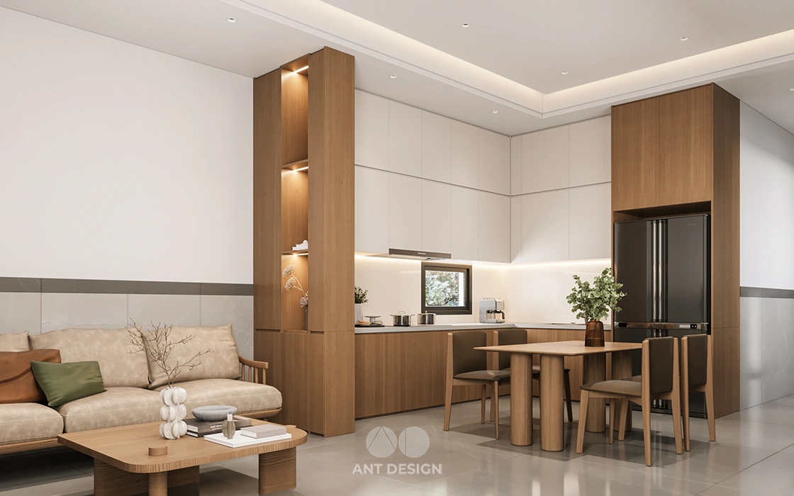 Hệ tủ bếp chữ l kịch trần gỗ công nghiệp cao cấp