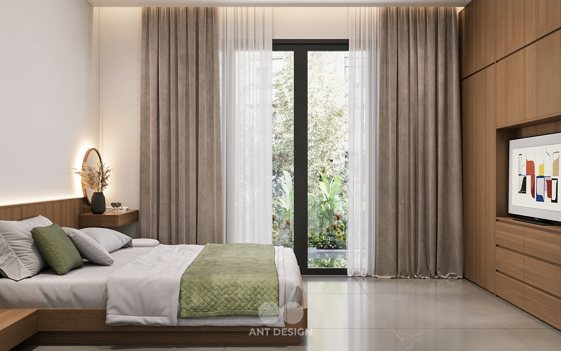 Phòng ngủ master view cửa kính lớn ra sân vườn