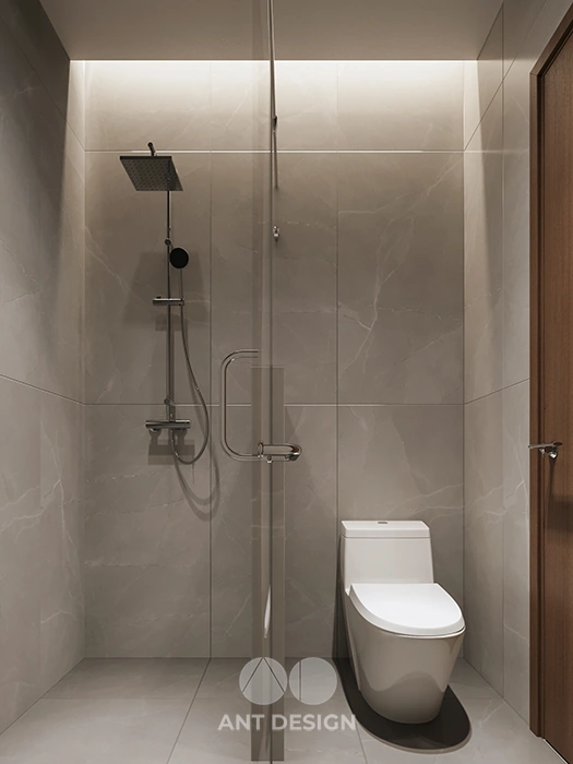 Phòng tắm đứng vách kính cường lực gạch ốp ghi xám