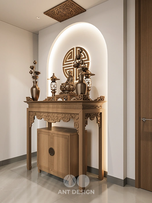 Thiết kế phòng thờ trang nghiêm với vách gỗ cnc đèn led