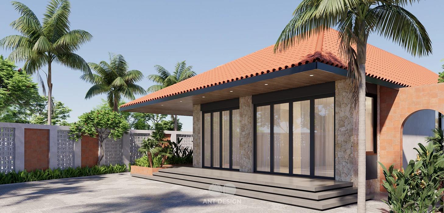 Chi tiết hiên nhà rộng rãi kết hợp mái ngói đỏ