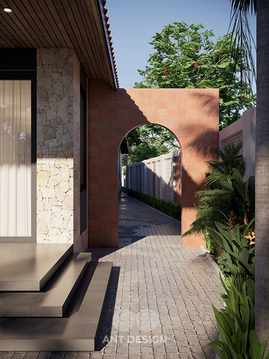 Cổng chào mái vòm ốp gạch đỏ nung mộc mạc