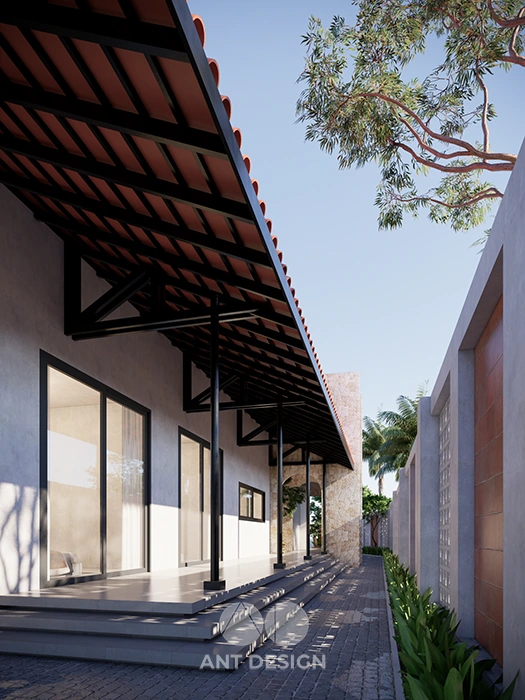 Góc nhìn từ hành lang ra sân vườn nhiệt đới yên bình