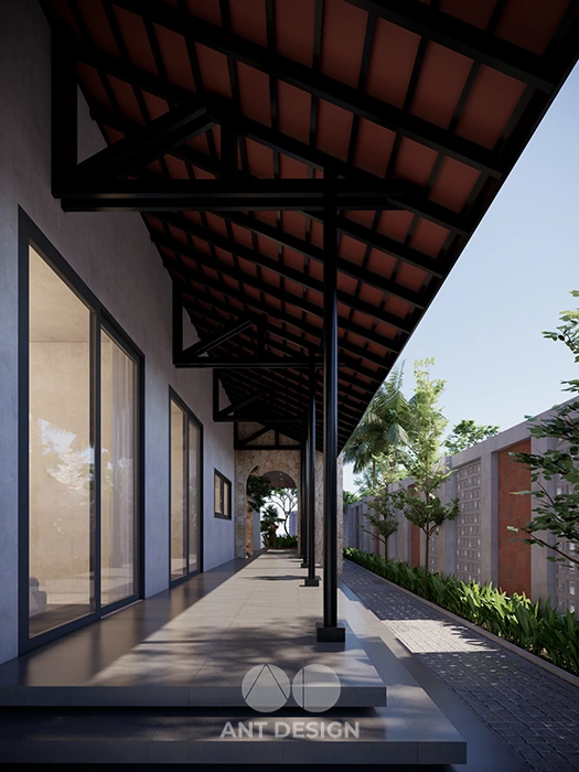 Hành lang dài chạy dọc nhà với cột thép đen hiện đại