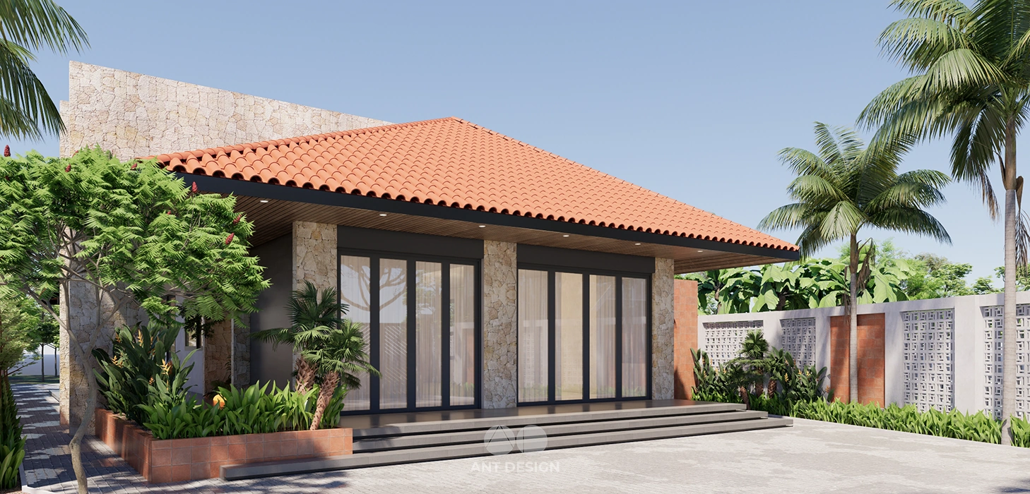 Phối cảnh góc nghiêng nhà cấp 4 hiện đại đá ốp tường mộc