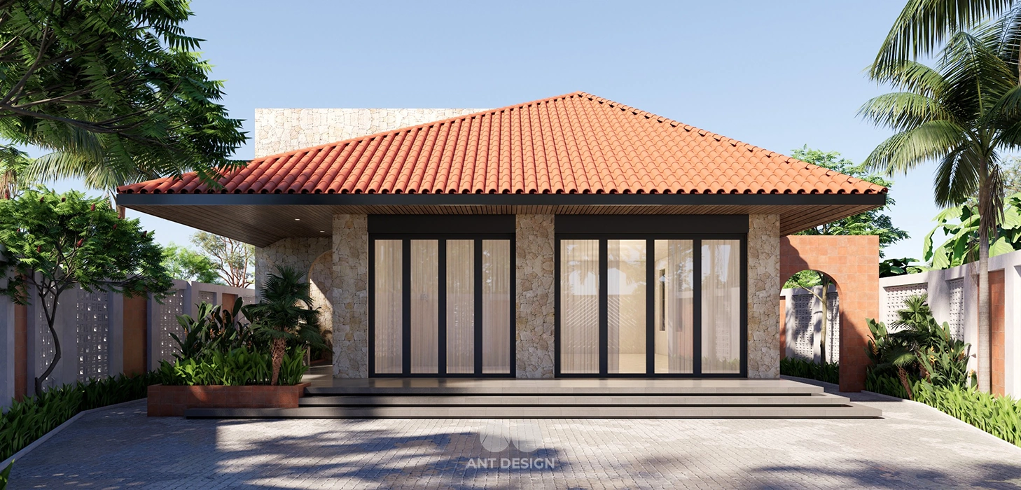 Thiết kế mặt tiền biệt thự vườn mái ngói đỏ truyền thống