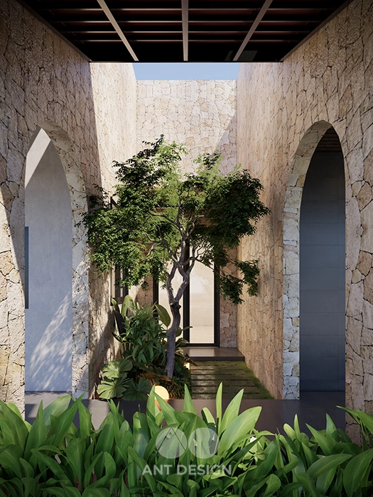 Thiết kế sân trong giếng trời trồng cây xanh tự nhiên