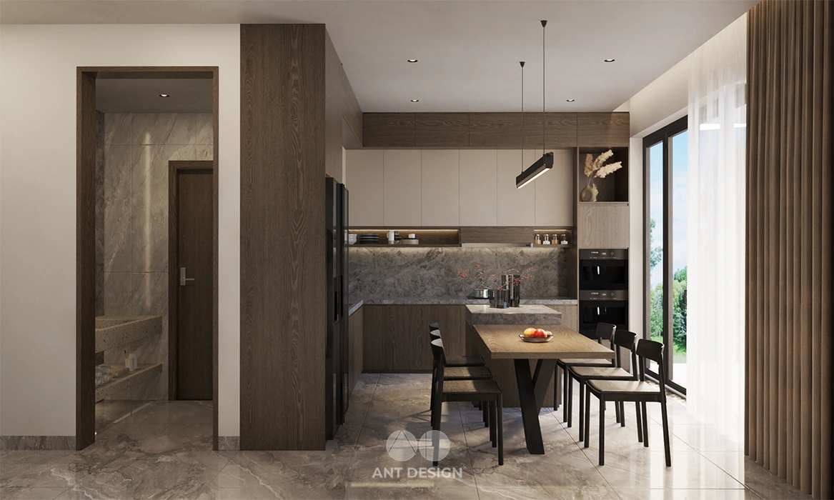 Bộ bàn ăn gỗ tự nhiên kết hợp đảo bếp đá marble