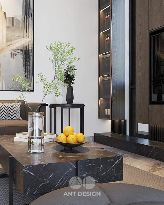 Chi tiết bàn trà đá tự nhiên và decor tinh tế