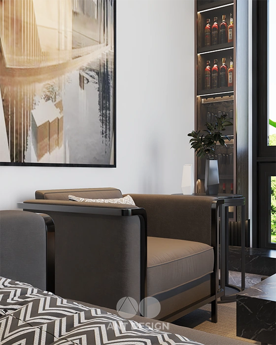 Góc sofa thư giãn bên cửa sổ lớn ngập tràn ánh sáng