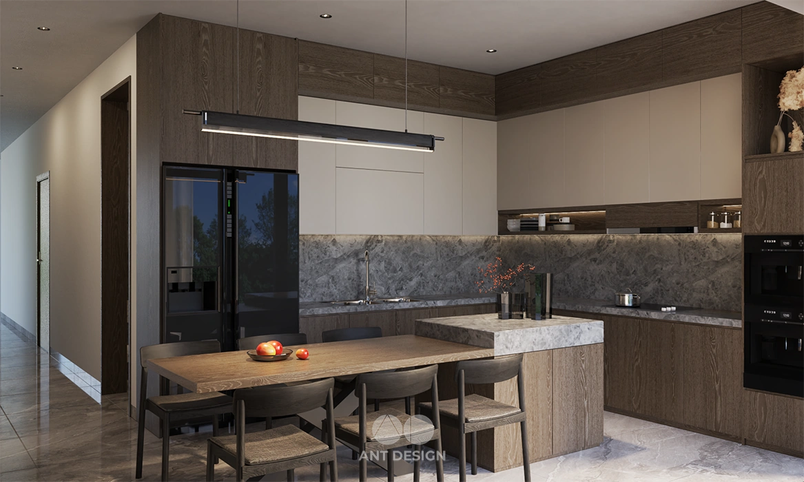 Hệ tủ bếp chữ l hiện đại tích hợp thiết bị thông minh