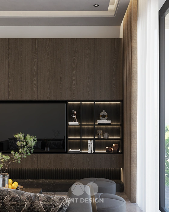 Hệ tủ tivi phòng khách kết hợp kệ trang trí cánh kính