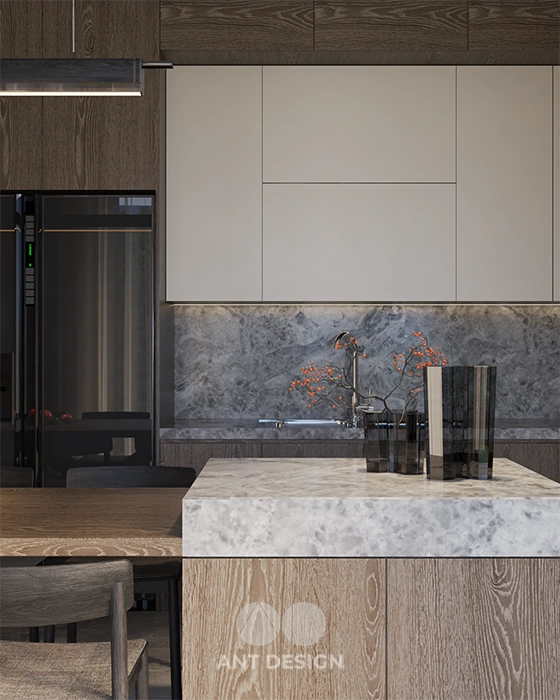 Không gian bếp ăn liên thông phòng khách thoáng đãng