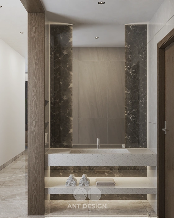 Lavabo đá terrazzo và gương led cảm ứng hiện đại