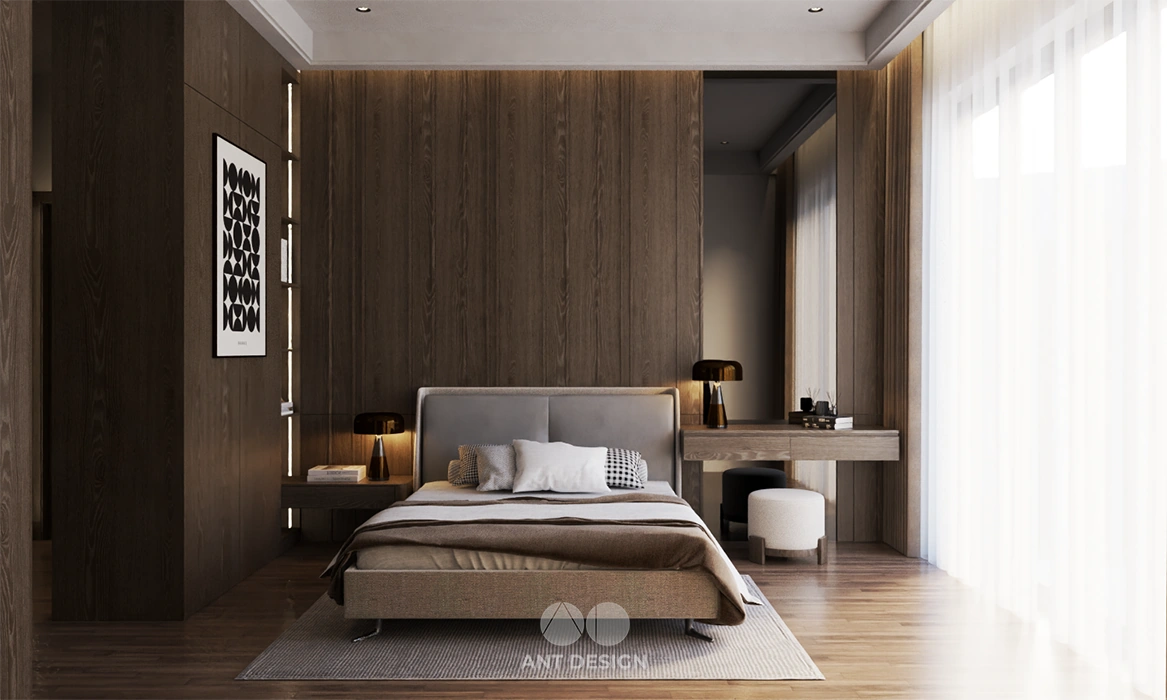 Thiết kế phòng ngủ master ốp vách gỗ trầm ấm