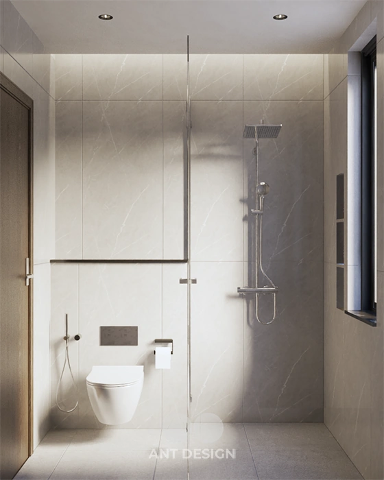 Thiết kế phòng tắm chung vách kính tắm đứng hiện đại