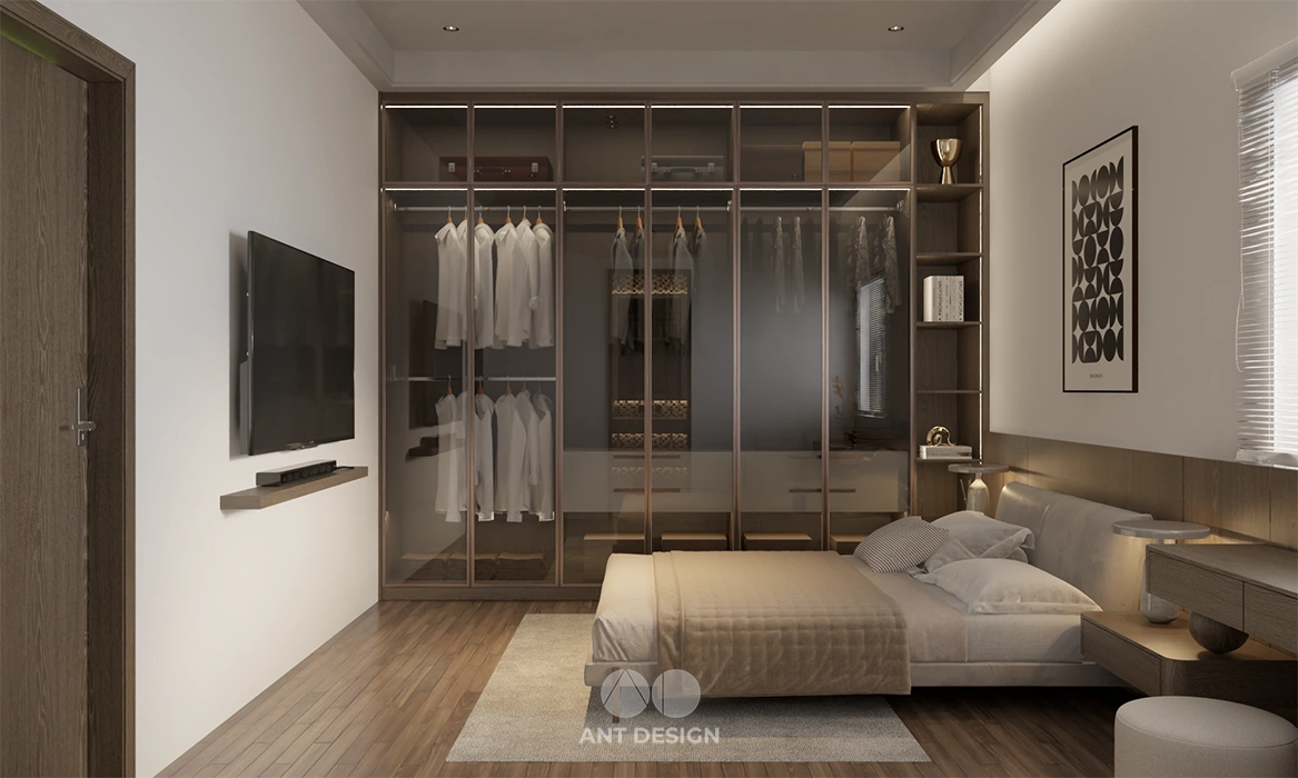 Tủ quần áo full trần kết hợp kệ trang trí tối ưu diện tích