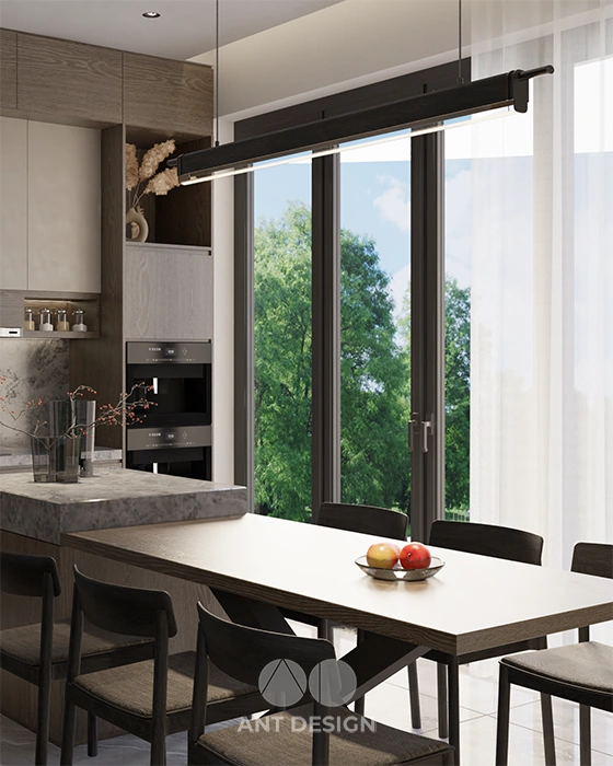 View phòng bếp nhìn ra sân vườn cửa kính lùa lớn