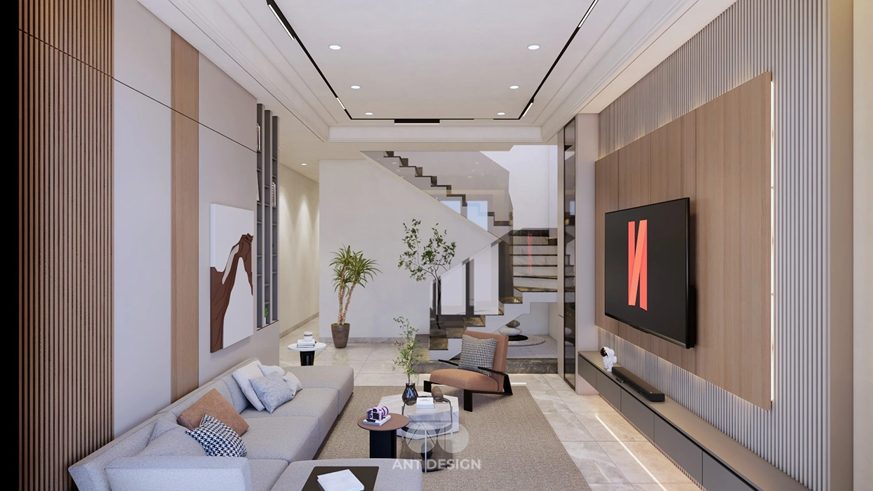 Không gian phòng khách liền cầu thang thông thoáng