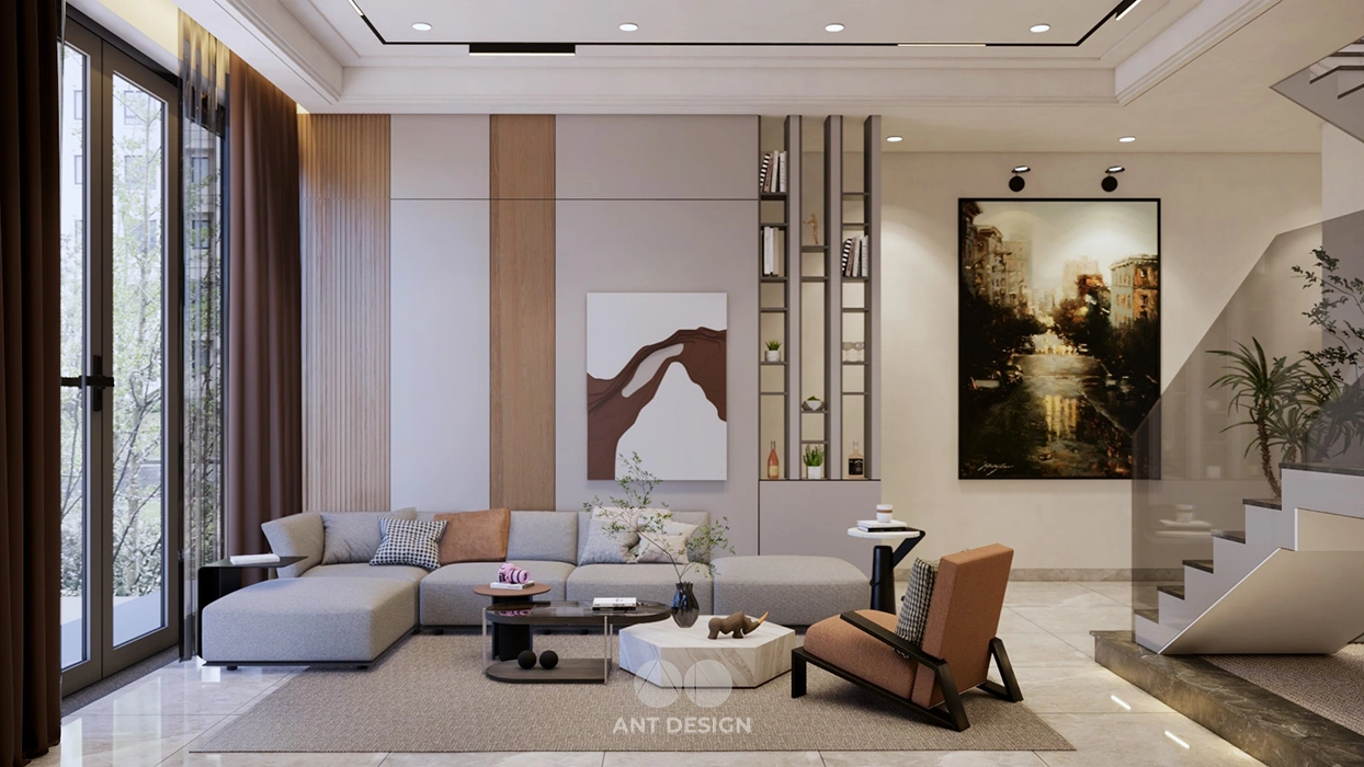 Nội thất phòng khách nhà phố hiện đại tông ghi xám