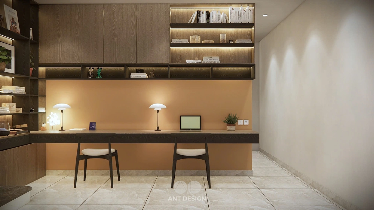 Thiết kế bàn học đôi và giá sách âm tường tiện nghi