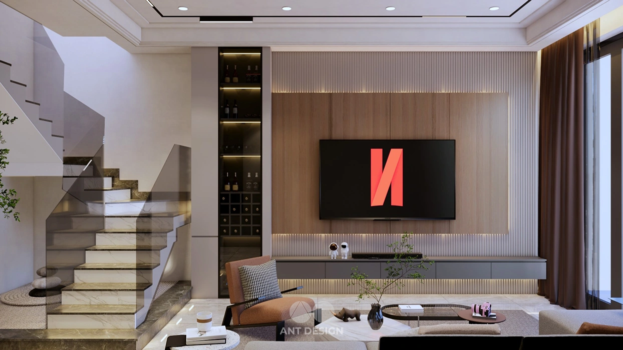 Thiết kế vách tivi gỗ kết hợp tủ rượu trang trí