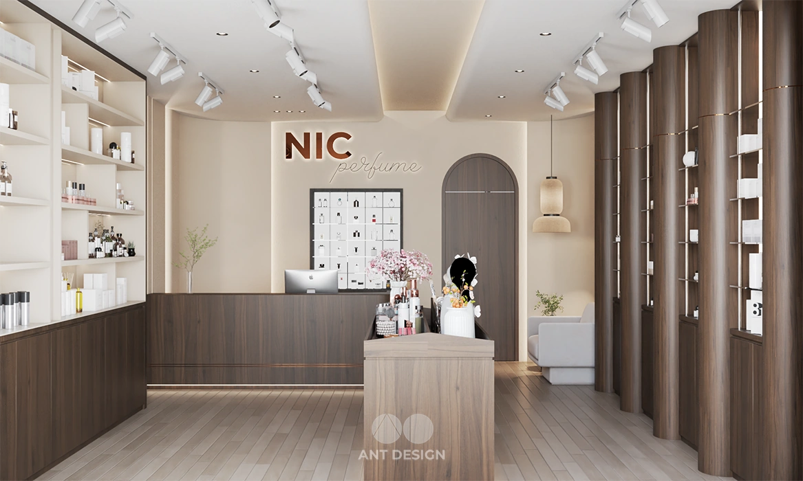 Góc nhìn từ cửa vào showroom nước hoa cao cấp